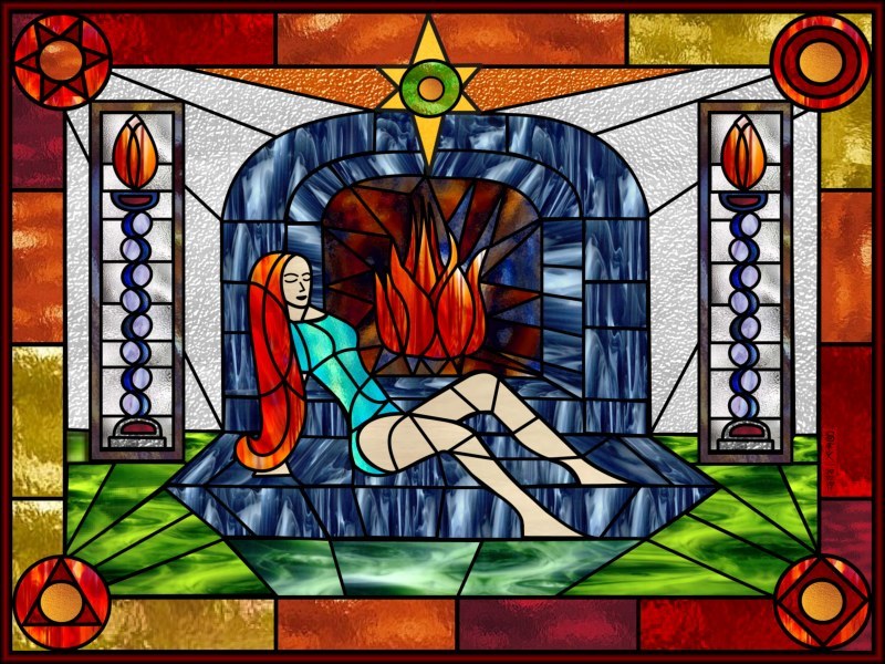 A key scene from In Serein in stained glass